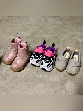 Kids Shoe Lot - Pink Boots, Black/White Sneakers, Gray Toms